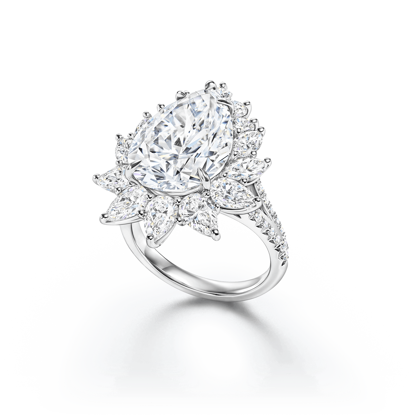 An illustrious diamond ring featuring a 6.22 carat pear-shaped diamond with 14 pear-shaped and round brilliant diamonds set in platinum